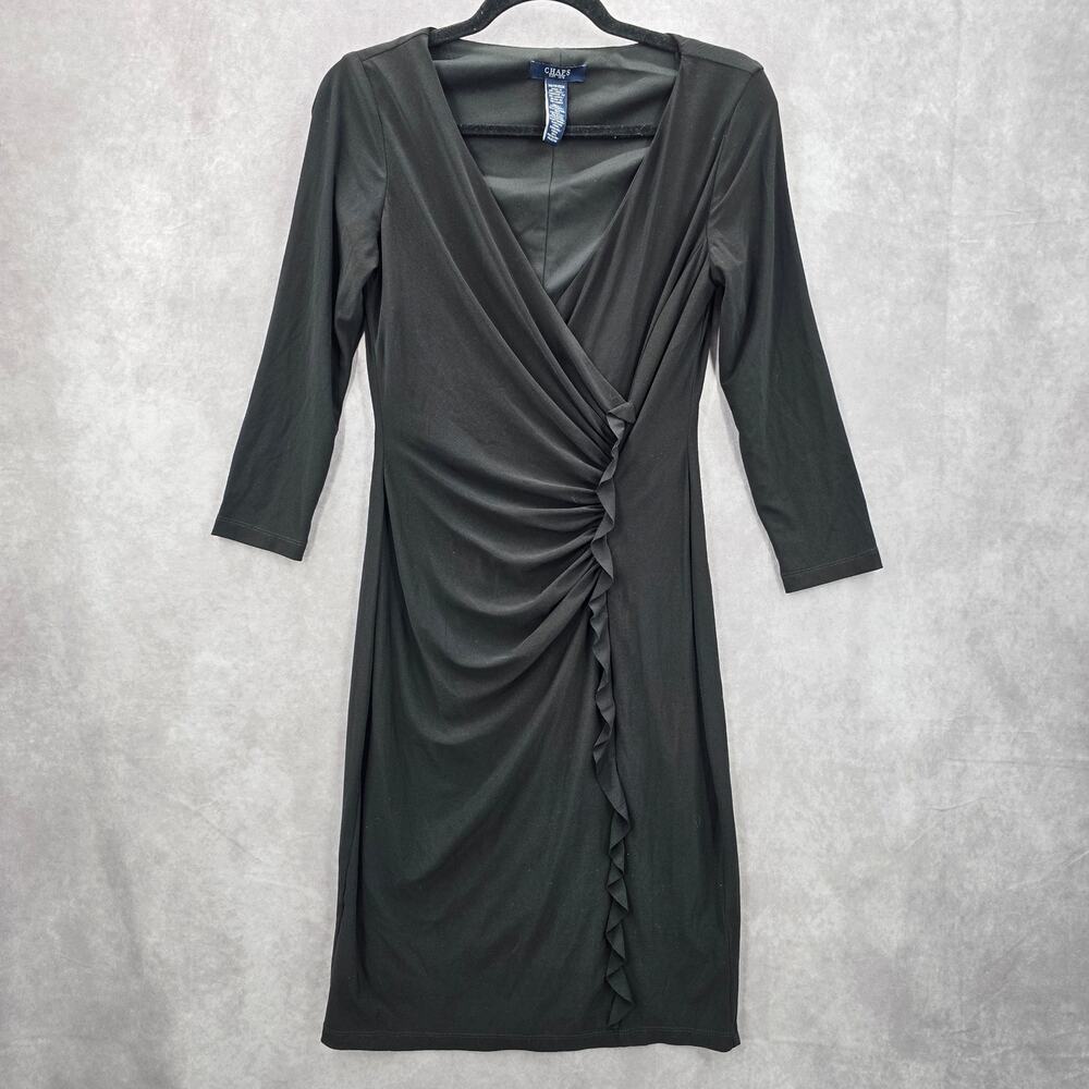 Chaps Black Wrap Drape Ruffle Knee Length V Neck Formal Dress XS